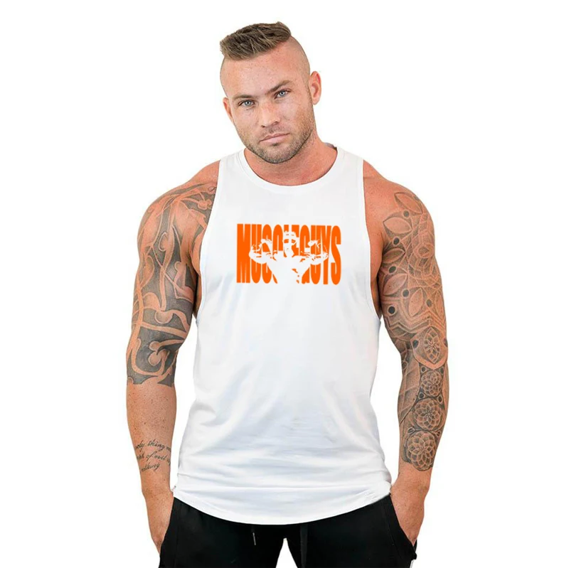 Muscleguys одежда для тренажерного зала фитнеса мужская Стрингер майка для бодибилдинга рубашка без рукавов Musculation Camiseta Мужская Регата - Цвет: Белый