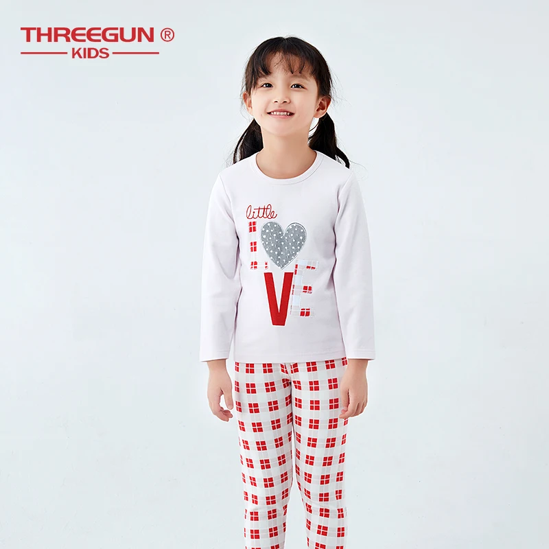 THREEGUN "любящим сердцем" буквы Термальность нижнее белье для девочек 2 шт./компл. хлопковые, теплые, милые, миленькие в японском стиле, одежда для сна, детские длинные джинсы Детский костюм