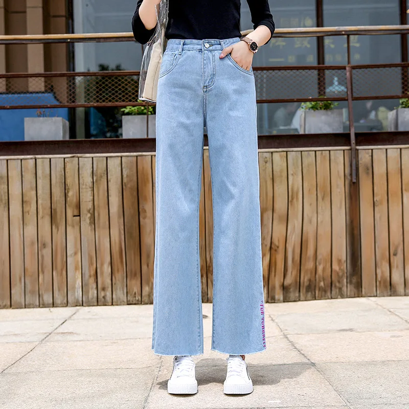 

Nonis 2018 New arrival Women Autumn high waist no Stretch Loose Jeans Girl Fall wide leg straight long trousers Plus size