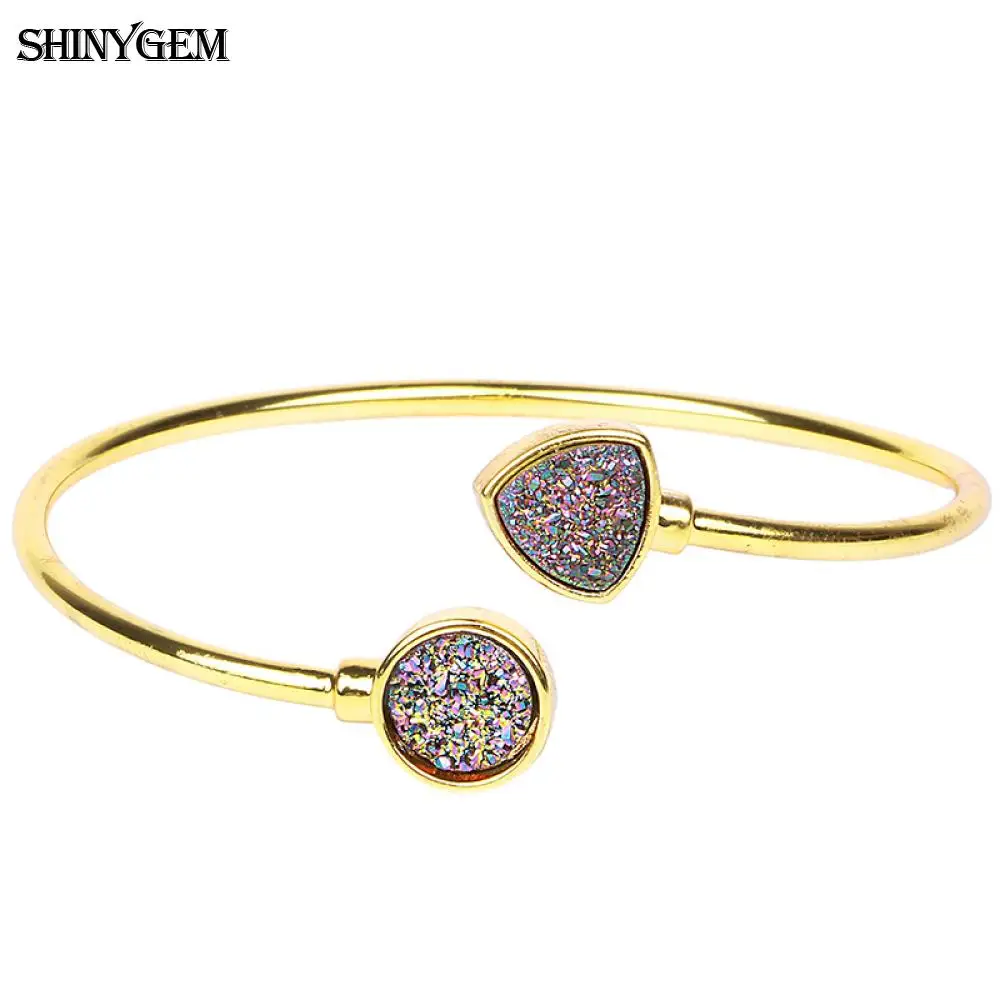 Браслеты ShinyGem, винтажные, сверкающие, Druzy, с кристаллами, открытые, позолота, треугольник, Круглый, натуральный, Druzy камень, браслет, браслеты для женщин