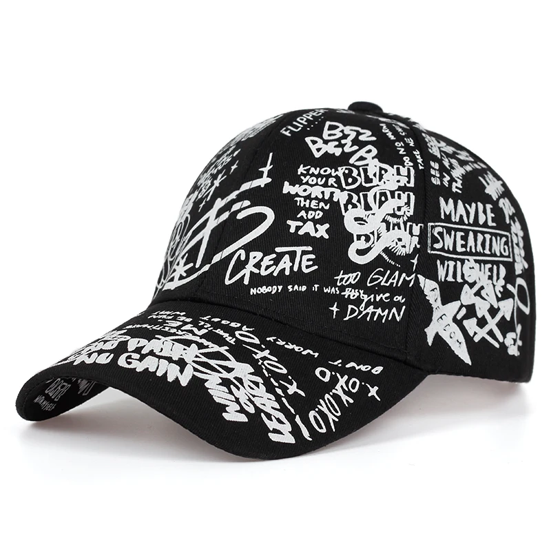 Новая модная бейсбольная кепка с принтом граффити, регулируемая хлопковая уличная Кепка в стиле хип-хоп, весенне-летняя уличная Кепка для отдыха, пара кепок - Color: Black