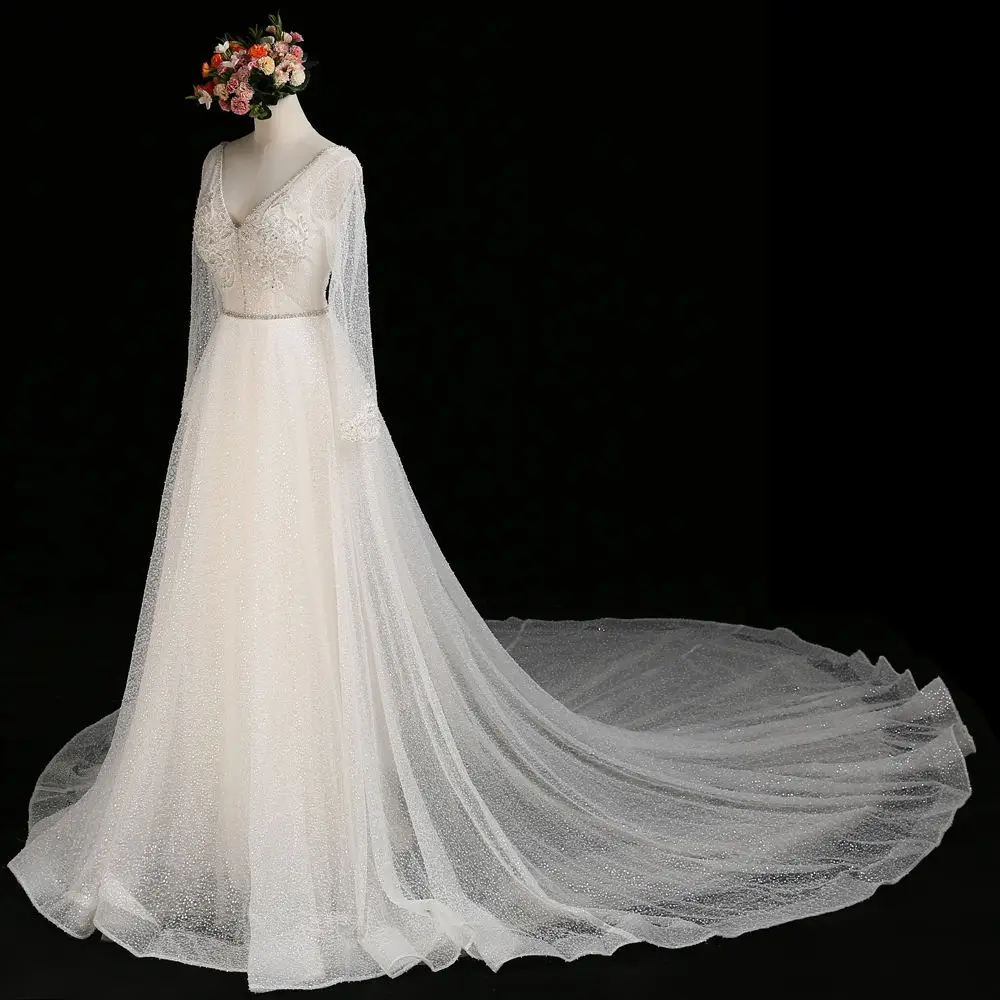 Сексуальное свадебное платье с открытой спиной и v-образным вырезом А-образное кружевное свадебное платье с кристаллами и бисером Vestige De Noiva Chapel Train