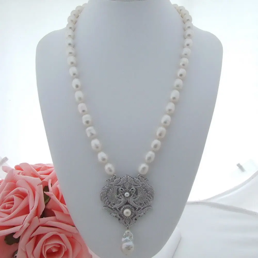 

Hand knotted 24'' 9-11mm white rice micro inlay zircon accessoriese clasp sweater necklace long 60 cm