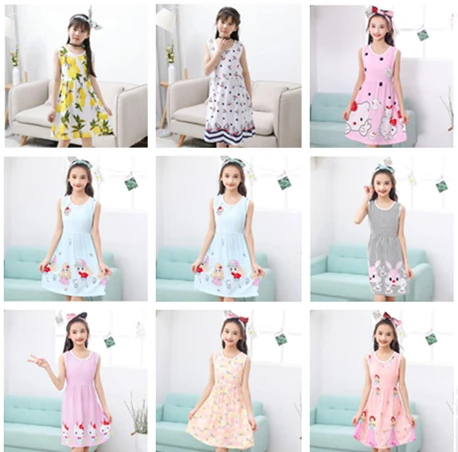 

2019 new girls fruit print sleeveless dress cute O-neck summer cotton children's breathable dress