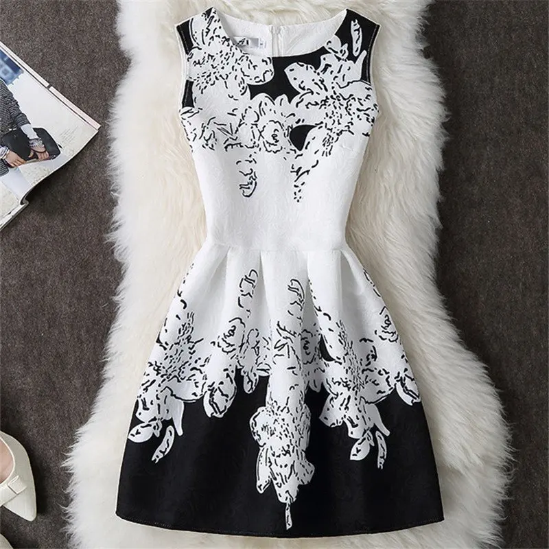 

2018 Sexy Sleeveless Women Dress Elegant Print Black White Summer Dress Mini Casual Boho Vestidos De Festa Clothes Slim Harajuku
