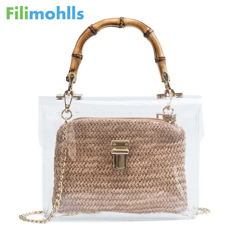 

Transparent Bag For Women 2019 Handbag With Bamboo Handle Summer Small Chain Crossbody Bags Ladies Straw Beach Bags S1655