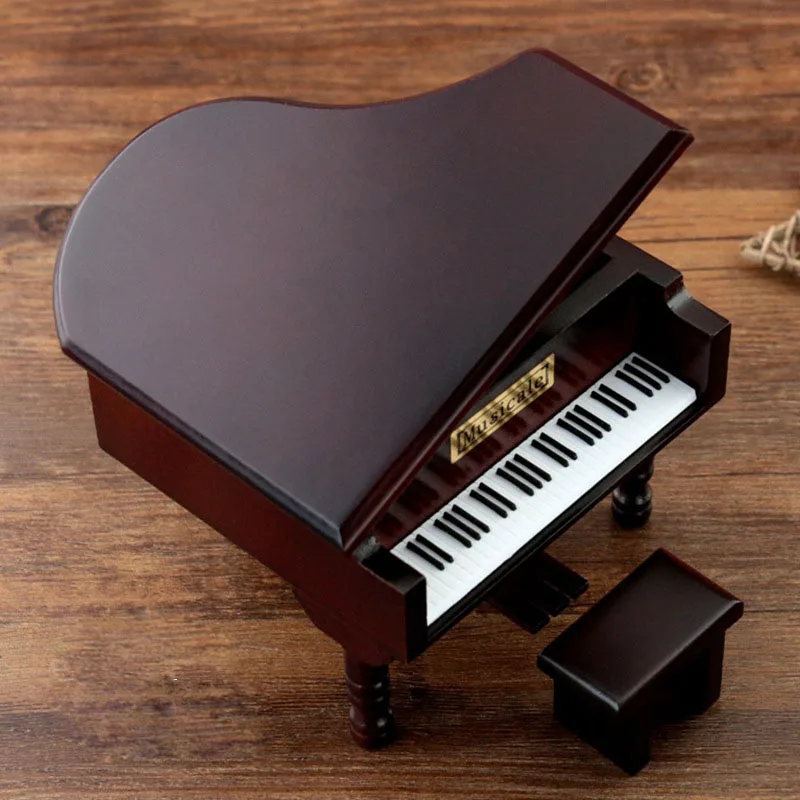 Wooden grand piano shape with bench music box wine red color birthday gift musician vintage home