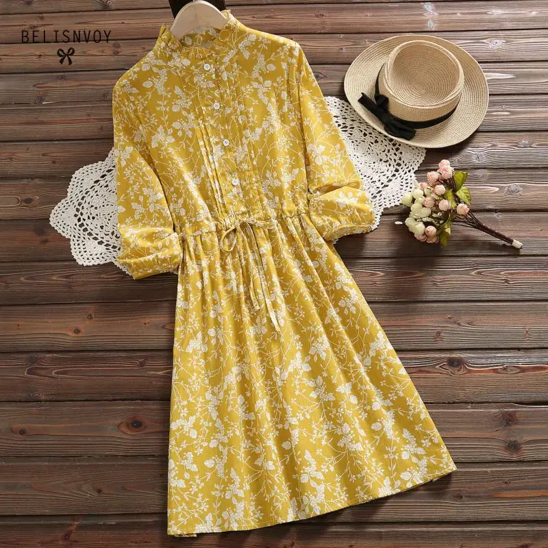 

Mori Girl Floral Printed Yellow Spring Autumn Women Cute Dress Ruffled Cotton Linen Elegant Flower Sweet Dress Female Vestidos