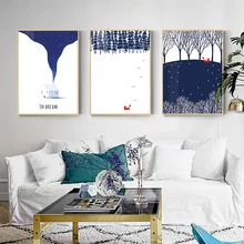 כחול מודרני HD Cavans שועל בעלי החיים ציור פוסטר בסגנון נורדי חמוד מושלג בתמונה לחיים יערות וול אמנות עיצוב בית חדר