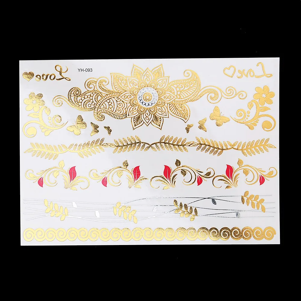 1pc Flash Metallic Tattoo Gold Silver Waterproof YH-093 Beauty Women Love Butterfly Flower Design Temporary Tattoo Sticker Paper