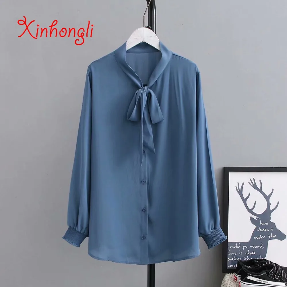 

Plus size BOW stand collar Chiffon women blouse 2019 spring NEW casual ladies long lantern sleeve loose shirts female tops