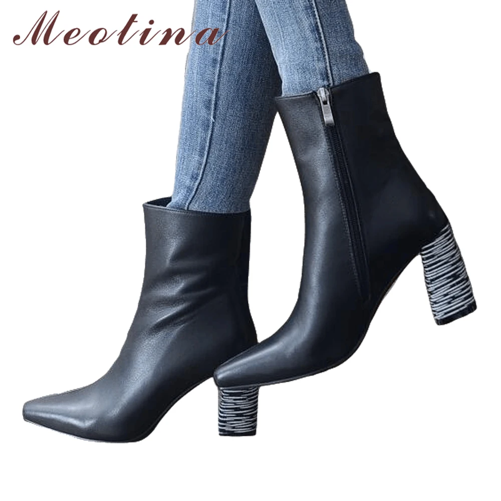 

Meotina Winter Women Ankle Boots Real Leather High Heel Boots Square Toe Genuine Leather Boots Ladies Short Shoes Black Size 39