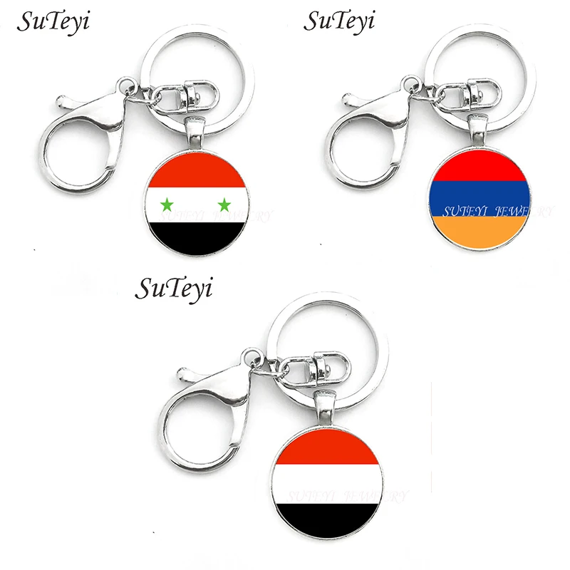 

Personality Time Gem Key Chain Syria and Armenia and Yemen Flag Art Key Ring Jewelry Handmade Crystal Keychain For Unisex