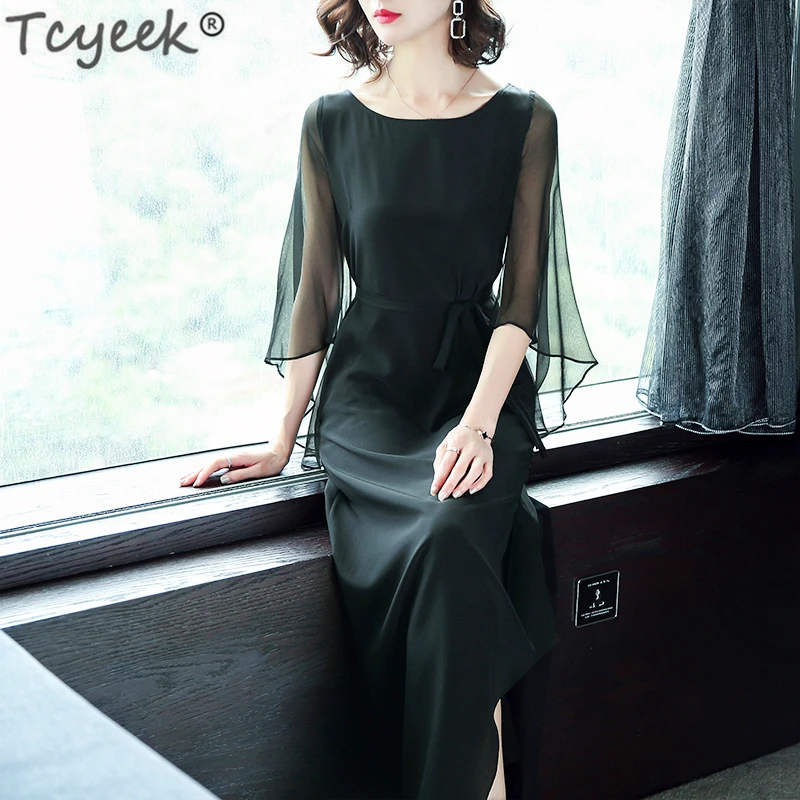 

Tcyeek Elegant Silk Summer Dress Women Black Long Dress Slim Beach Party Dresses Vintage Dresses Ladies Vestidos Verano LWL1545