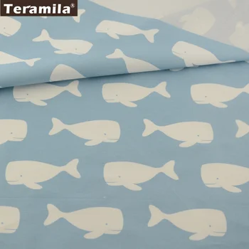 

Teramila Home Textile White Fishes Design 100% Light Blue Cotton Fabric Fat Quarter Material Bed Sheet Patchwork Bedding