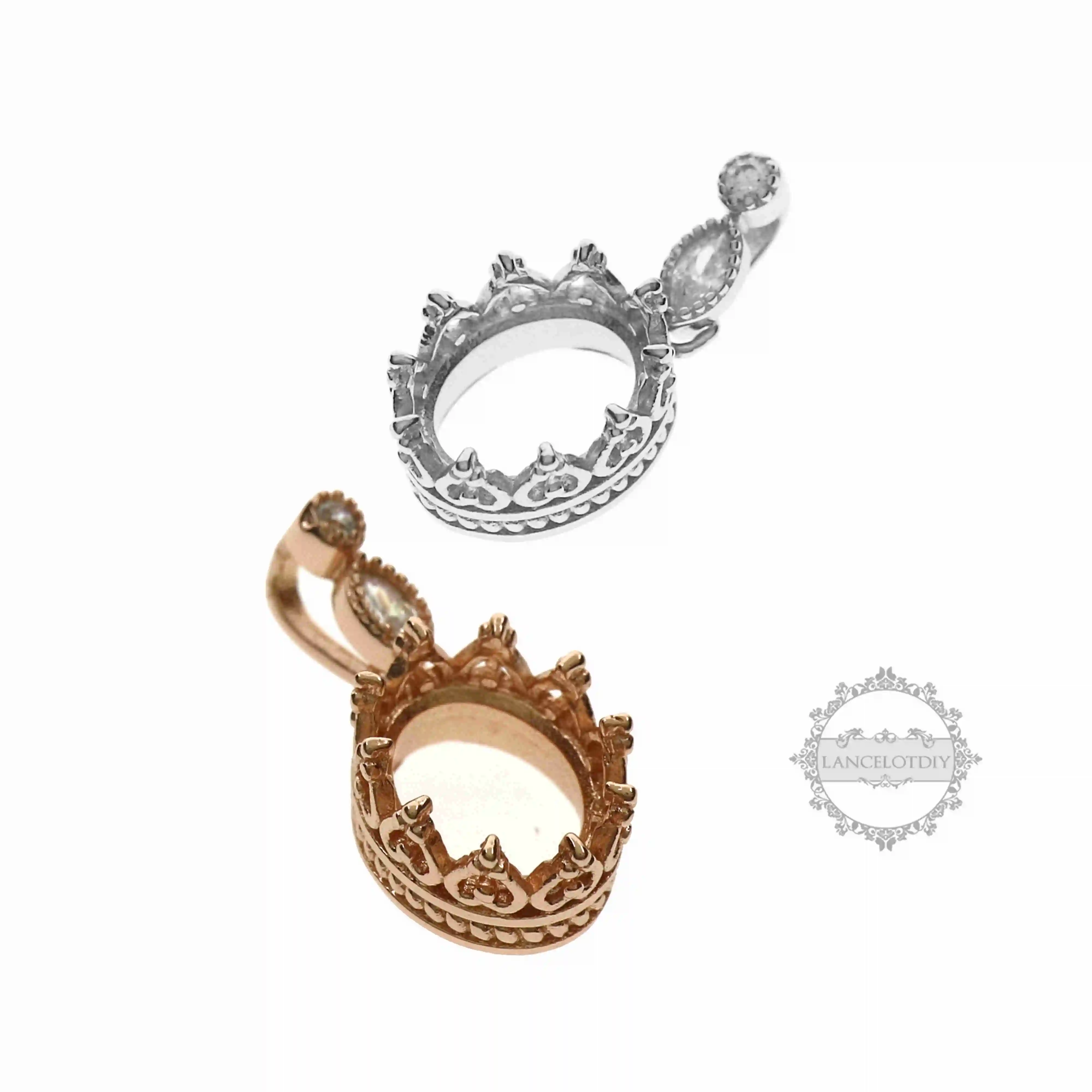 

8x10MM Oval Crown Bezel Settings with CZ Stone Bail Solid 925 Sterling Silver DIY Pendant Charm Tray 1421092
