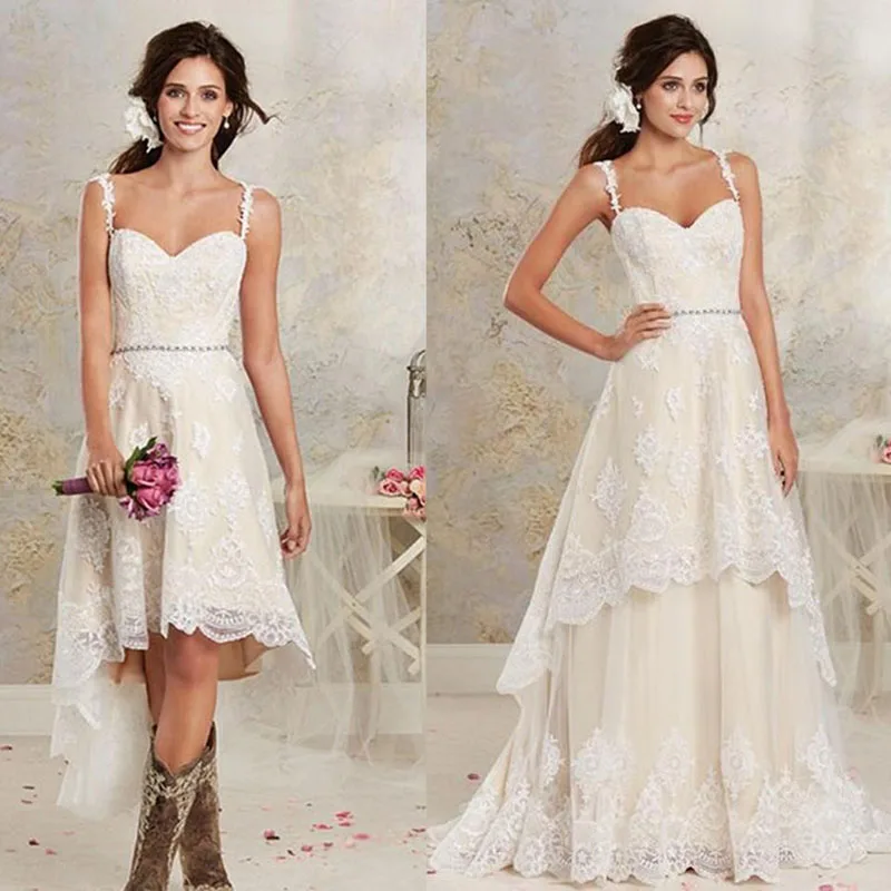 

Eightree Detachable 2Pcs Boho Wedding Dress Vintage 2019 A line Sweep Train Spaghetti Straps 2 in 1 Wedding Gowns Sleeveless