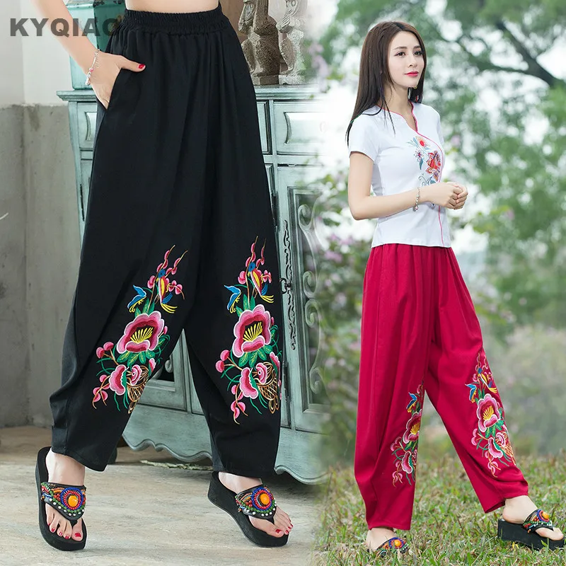 Kyqiao Большие размеры женская одежда этнические брюки женский весна-осень Мексика Стиль Свободный черный красный вышивка широкие брюки