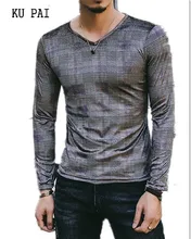 Men’s T-shirt velvet autumn men’s v-neck jacquard fashion T-shirt with long sleeves and long sleeves
