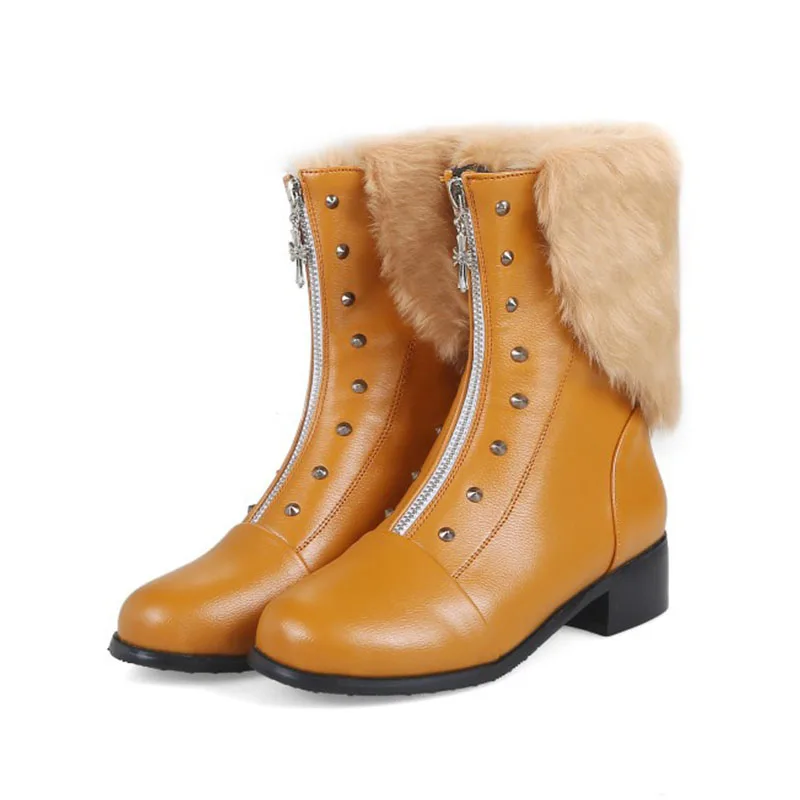 

2019 Fashion Rivet Motocycle Booties with Fur Female Ankle Boots Square Heel Martin Boots Winter Boots Women Winter Shoes