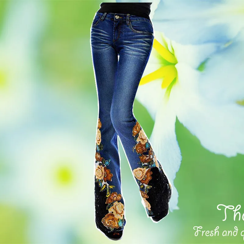 

2018 Hot-sale Luxury Embroidered Flares Mid Waist Big Flared Jeans Female Boot Cut Fine Handmade Rose Beading Embroidery Jeans