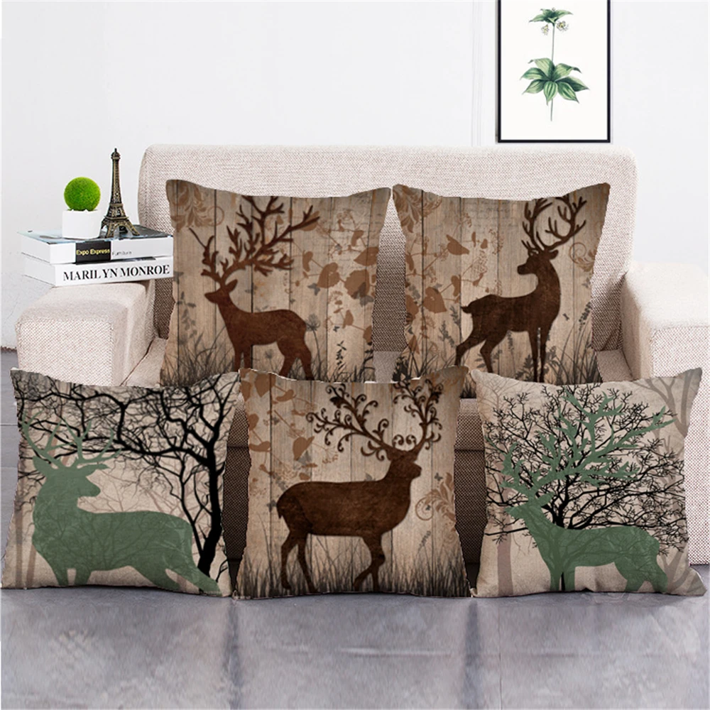 Simple Deer Wood Painting Cushion Covers Decorative Square Throw Pillow