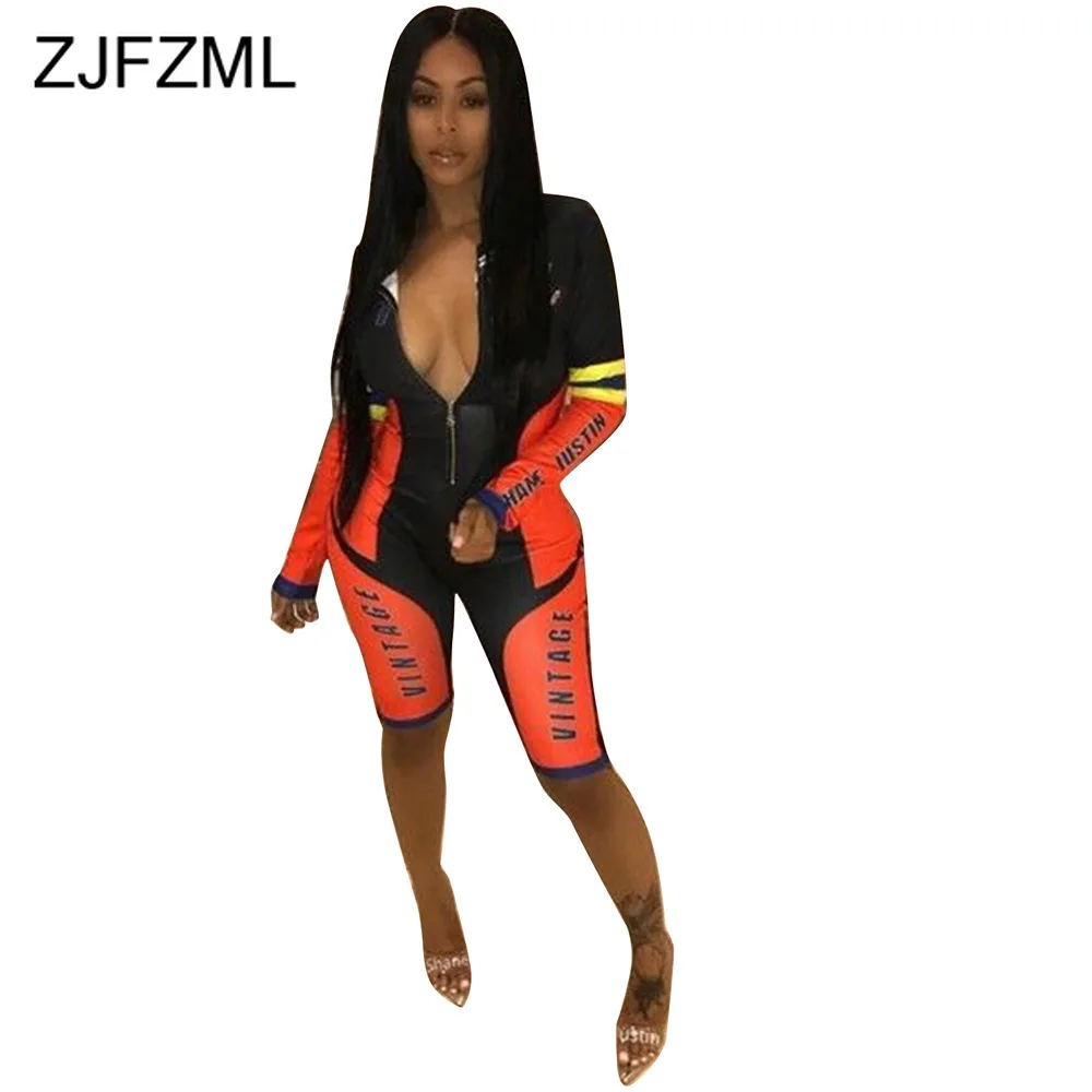 

Letter Print Sexy Bodycon Jumpsuits For Women Deep V Neck Long Sleeve Knee-Length Overall Casual Front Zipper One Piece Romper