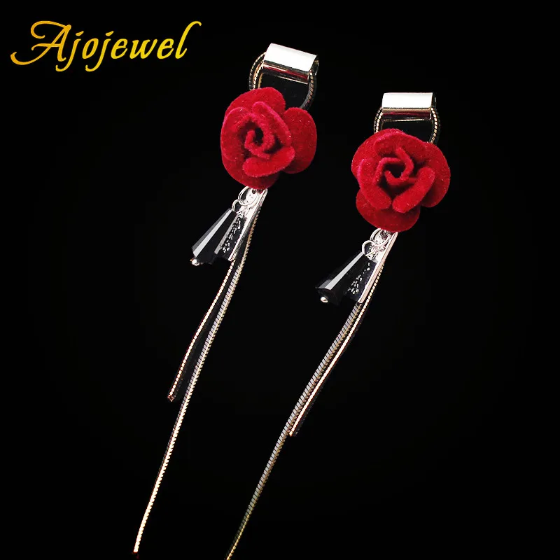 

Ajojewel Crystal Tassel Red Velvet Flower Long Earrings For Women Retro Vintage Jewelry Oorbellen