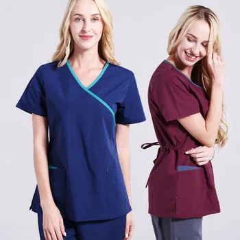 

Traditional Classic Mock Wrap Tunic Nursing Scrub Uniform Medical Workwear Top and Pant Short Sleeve Tie Back Clinic Work Sets