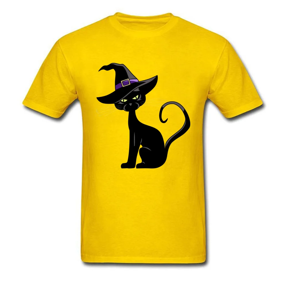 Tops & Tees Cat in Witch Hat Lovers Day Short Sleeve Pure Cotton Round Collar Men Tshirts Simple Style T Shirt New Design Cat in Witch Hat yellow