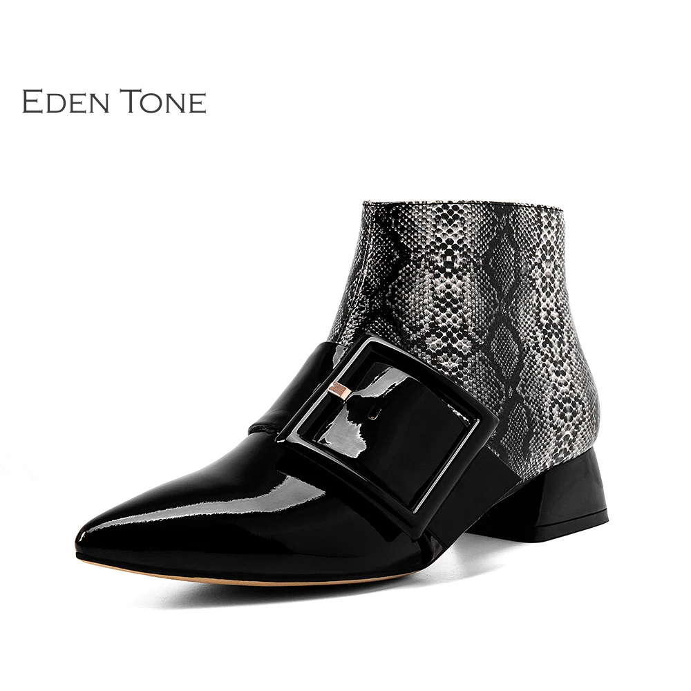 EDEN TONE Spring Women's Ankle Boots Patent Genuine Leather Pointed toe
