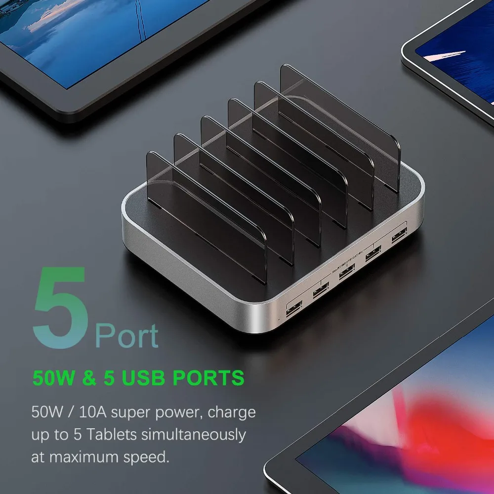 SeenDa 5 منافذ USB حامل محطة شحن مع حامل 50 W 10A سطح المكتب شاحن يو اس بي للجوال هاتف لوحي جهاز شحن المنظم