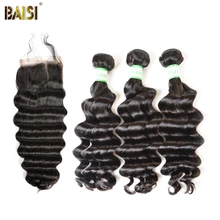 BAISI Brazilian Virgin Hair Bundles Natural Wave 3 Bundles Hair with a Closure Nature Color Free Shipping.