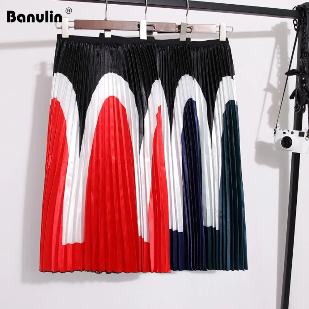 

Banulin 2019 Color block Patchwork Midi Skirt England Style High Waist A-Line Pleated Skirt Office Lady Elegant Summer Skirts