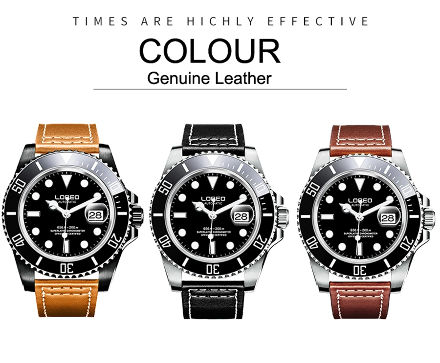 LOREO брендовые классические черные часы 316L сталь Автоматические механические часы для мужчин Дайвинг 200 м водонепроницаемые Авто Дата