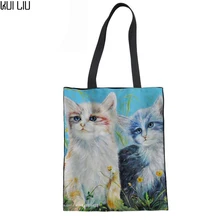 Холщовая женская сумка на плечо для девочек, сумка-шоппер, женские ручные сумки, повседневные милые пляжные сумки с принтом кошки