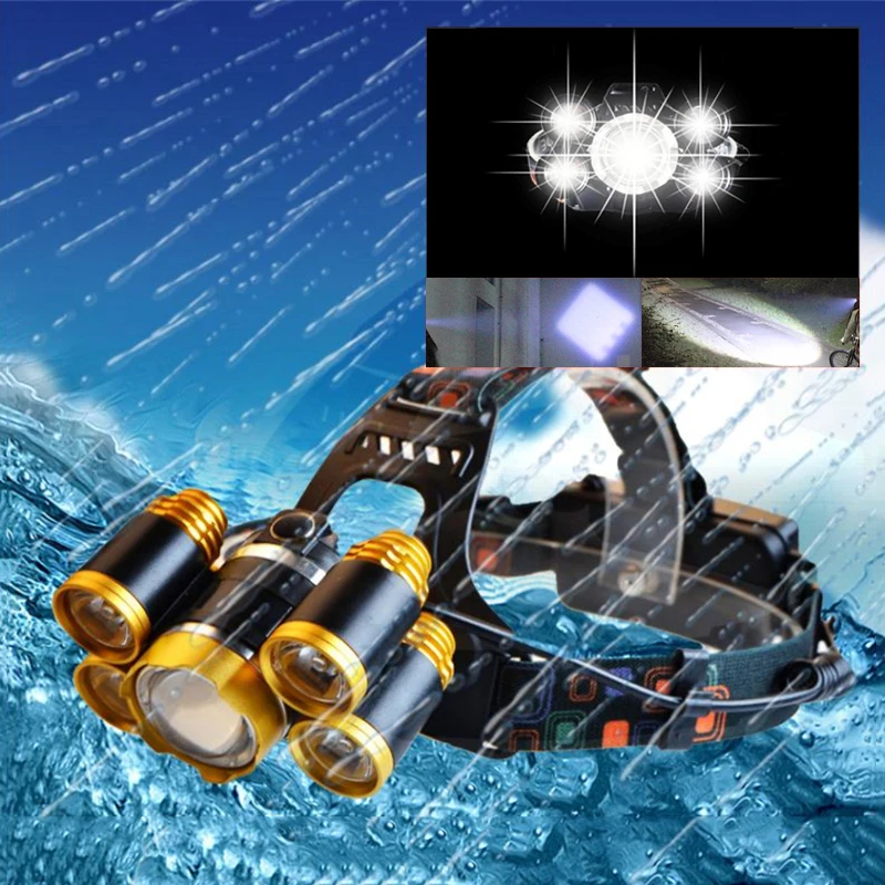 

Powerful 5 LED XML T6 Head Flashlight 20000 Lumens Adjustable 18650 Rechargeable Hunting Fishing Head Light with battery charger
