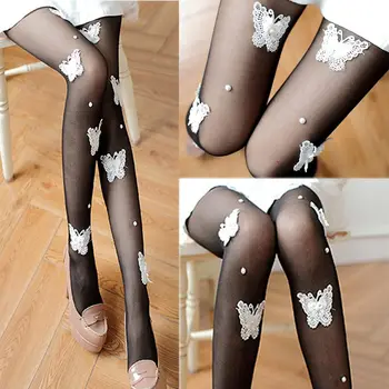 

Girls Lace Butterfly Silk Tights with Peals Thin Princess Fancy Embroidered Pantyhose Party Elastic Stockings