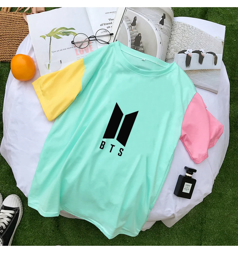 Harajuku Summer T Shirts Women Korean Kpop BTS Fashion Loose Cotton Patchwork Tee Shirt Femme Camiseta Mujer Tops Casual Clohtes (1)