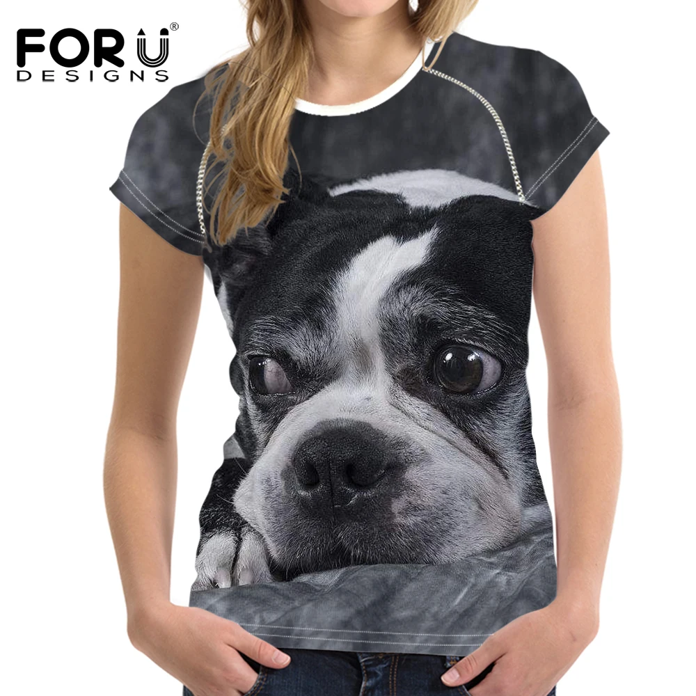 FORUDESIGNS Cute 3D Animal Boston Terrier Dog Print Women Summer T ...