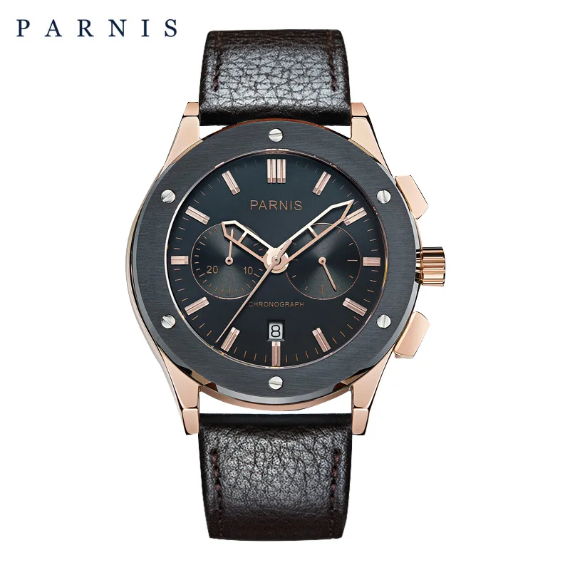 41 мм часы Parnis для мужчин кварцевые мужские часы лучший бренд класса люкс Военный пилот кварцевые мужские часы из натуральной кожи 50 бар водонепроницаемый для плавания - Цвет: brown leather2