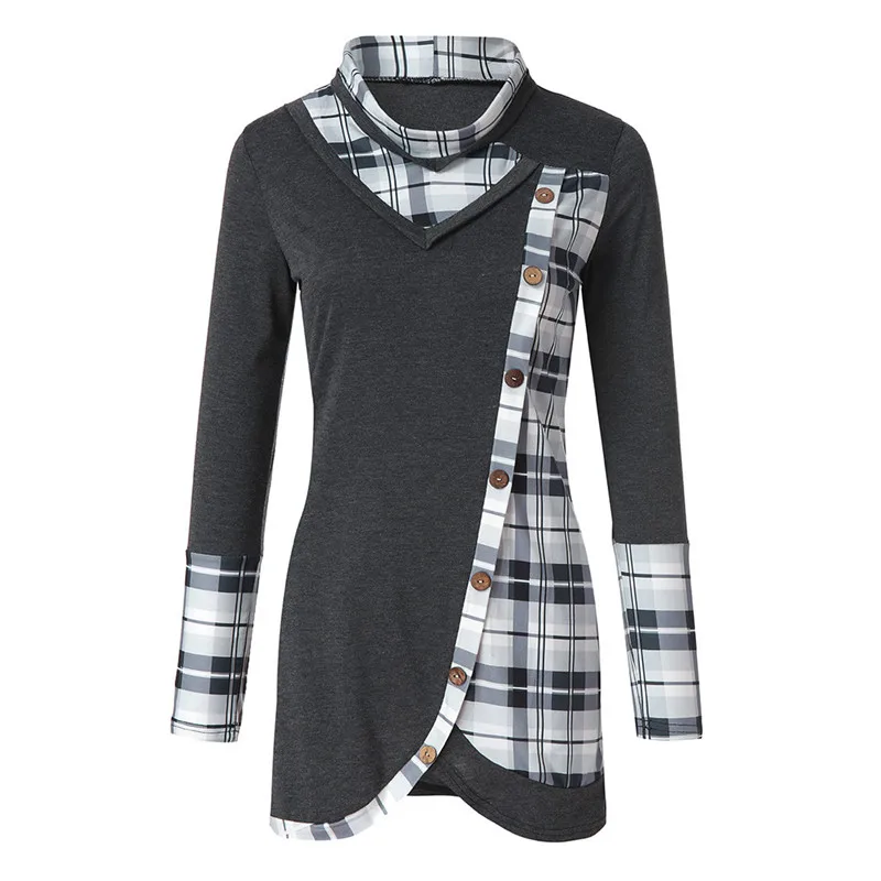 Осенне-зимняя женская футболка с длинным рукавом и асимметричным подолом, в клетку, на пуговицах, с высоким воротом, Женская туника в клетку, топы, пуловер для уличной носки - Цвет: Темно-серый