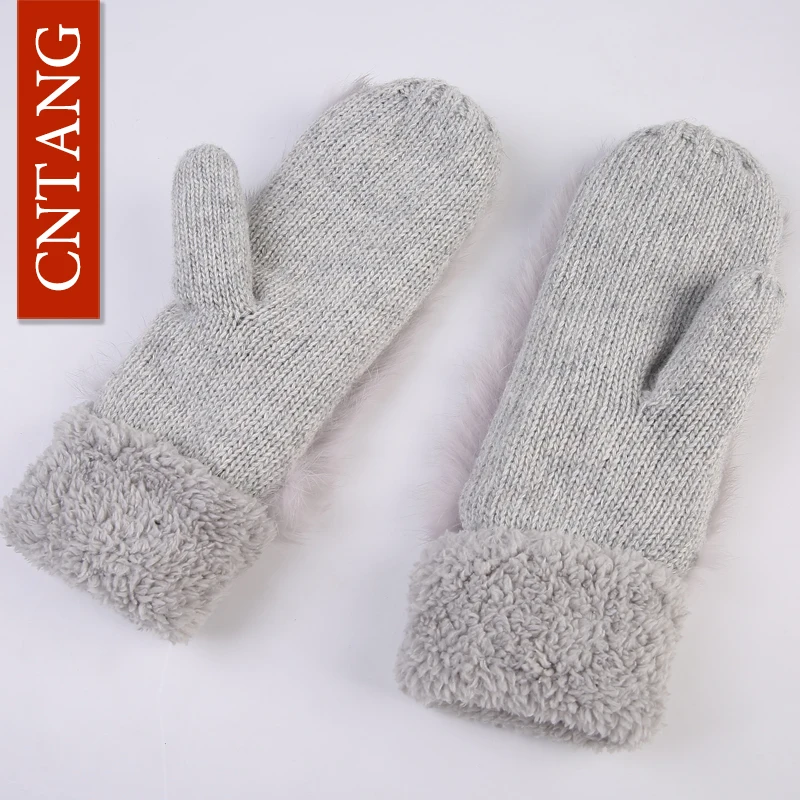 CNTANG, женские милые перчатки с натуральным кроличьим мехом, осенне-зимние теплые шерстяные варежки, перчатки для дам, модные вязаные бархатные женские перчатки