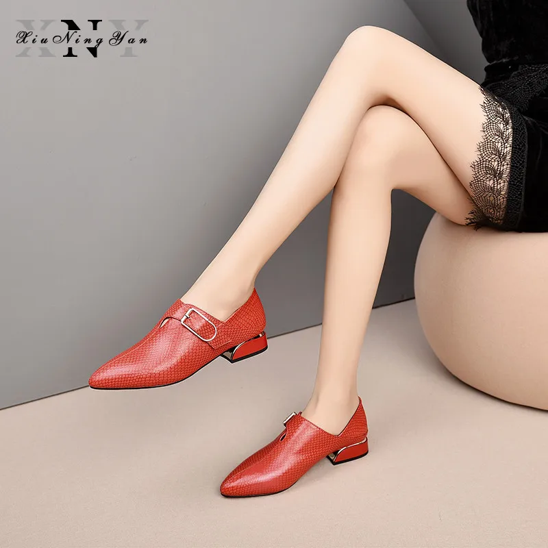

Xiuningyan 2019 Women Pumps Cow Leather Red Color Rome Style Autumn Spring Buckle Strap Pointed Toe Low Heels Wedding Size 34-40