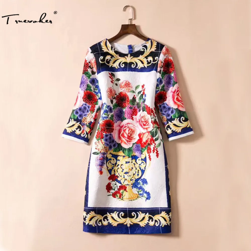 US 4275 17 OFF Truevoker Desainer Gaun Pakaian Wanita Berkualitas Tinggi Setengah Lengan Vintage Floral Minyak Lukisan Dicetak Jacquard Ukuran XXL