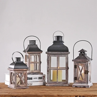 

European and American style country old candlestick wooden portable wind lamp romantic home decoration ornaments creative gift