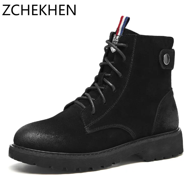 

Genuine Leather Women Chelsea Boots Winter Warm Ankle Boots Platform Single Flats Martin Shoes Woman Square Heel Female Footwear