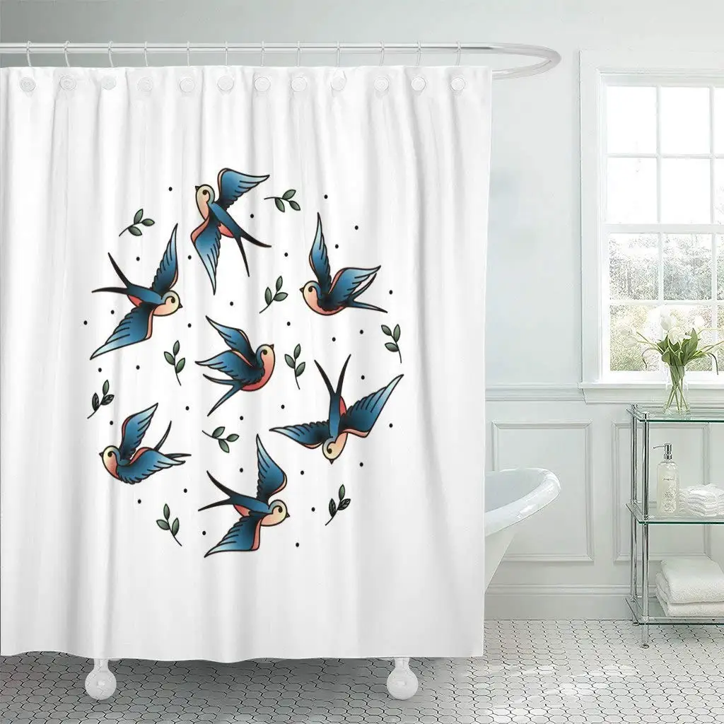 

Fabric Shower Curtain Blue Classic Old School Tattoo Swallows in The Circle Birds with Plants Elegant