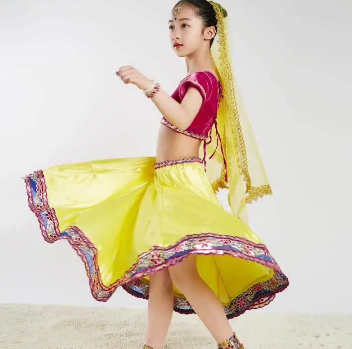Сари индийский традиционный Детский костюм этнический стиль девушка представление танцевальные костюмы топ+ юбка+ шарф