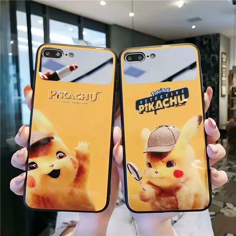 

Cute Fashion Detective Pikachu Mirror Cartoon Anime Phone Case For iPhone X XS MAX XR 6 6s 7 8 Plus For Glass Back Cover